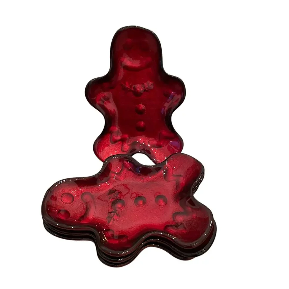 Akcam CHRISTMAS Gingerbread Man Glass Appetizer Plates Holiday Red Set of 4 New